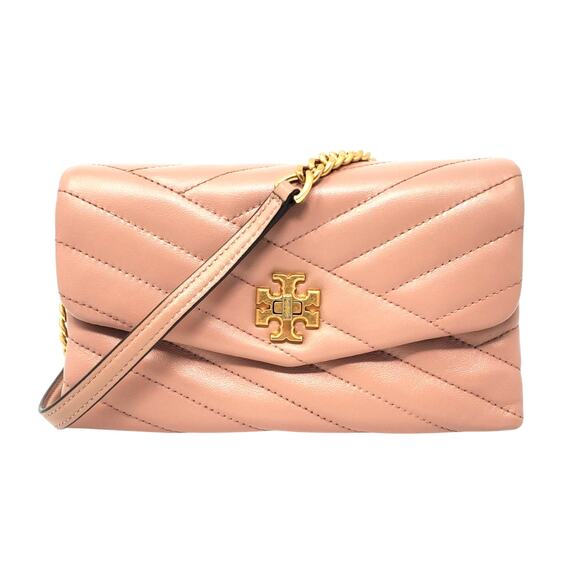 Tory Burch Kira Chevron Chain Wallet Purse Leather Pink Moon Rolled Brass 64086 - Picture 1 of 10